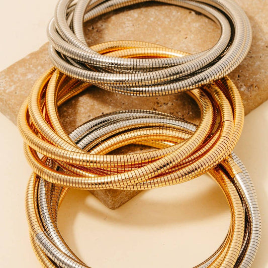 Knotted Elastic Metallic Coil Bracelet Set: Gold & Silver