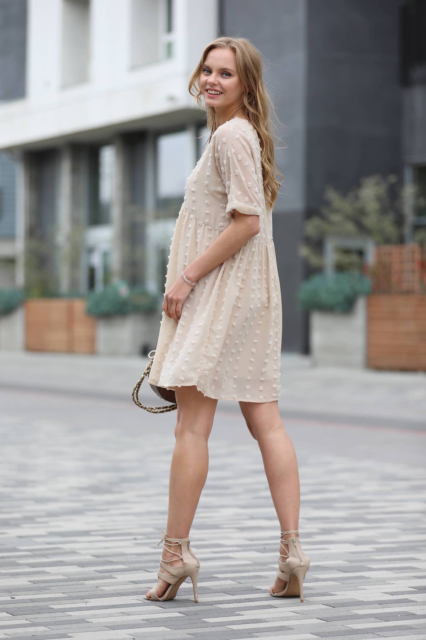 Swiss Dot Babydoll Dress Collection: SAND BEIGE