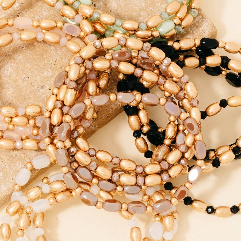 Glass And Metallic Beaded Bracelet Set: BROWN