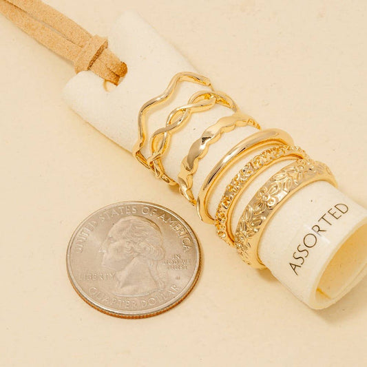 6Pc Mixed Textured Wavy Band Rings Set: Gold