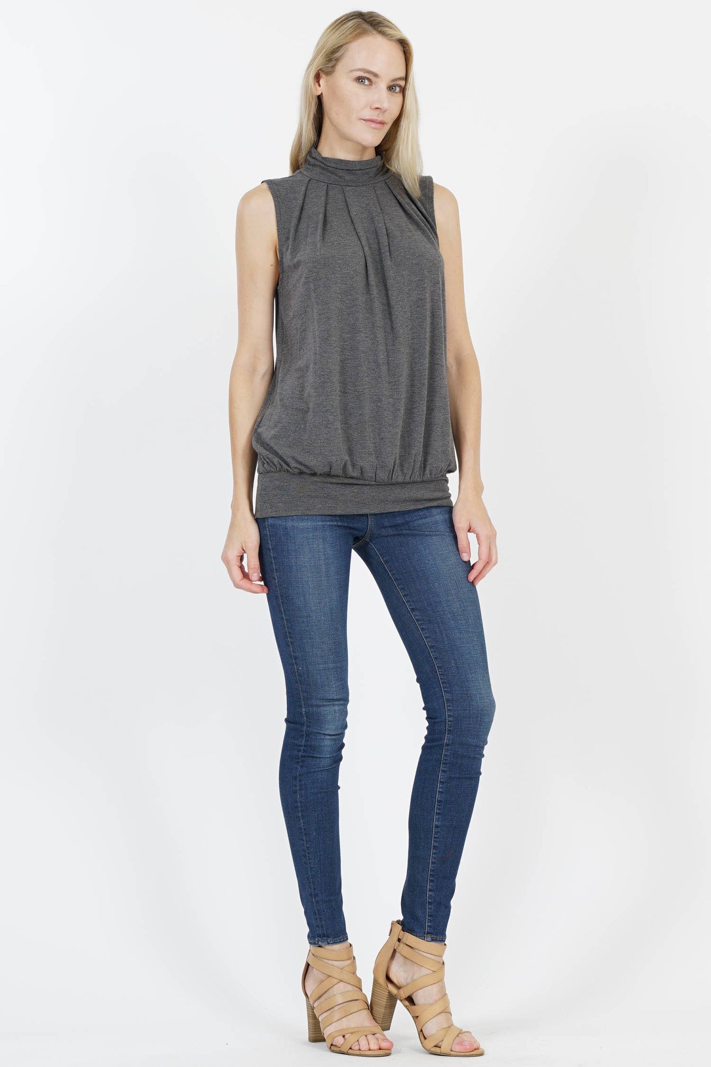 Pleated Mock Neck Blouson Top