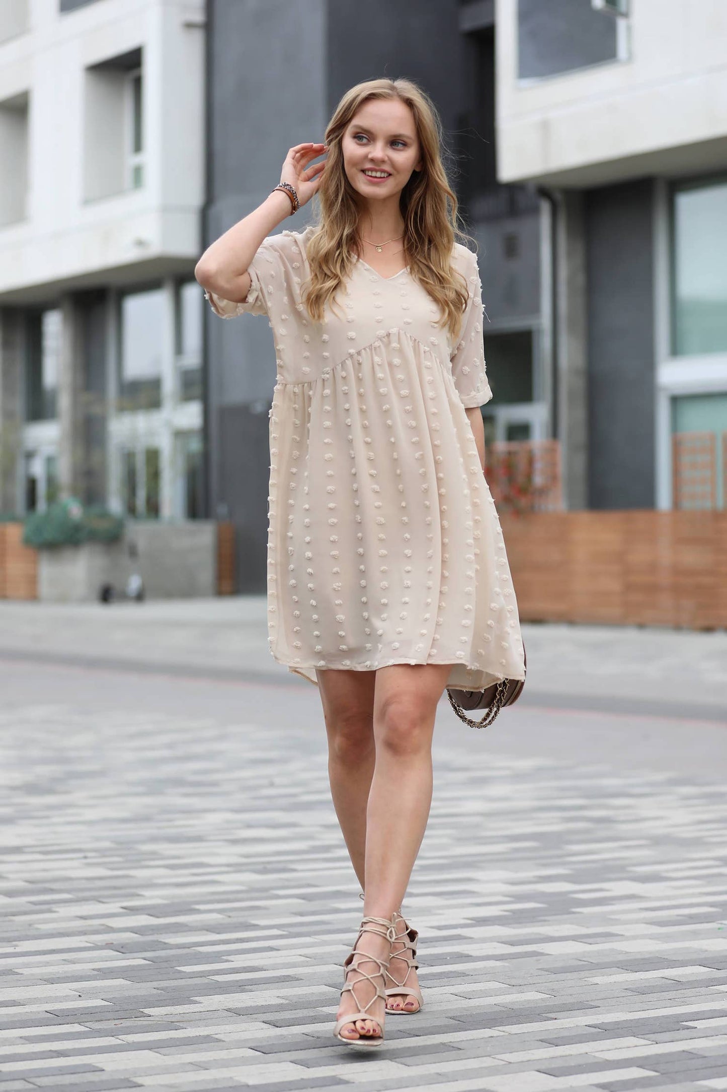 Swiss Dot Babydoll Dress Collection: SAND BEIGE