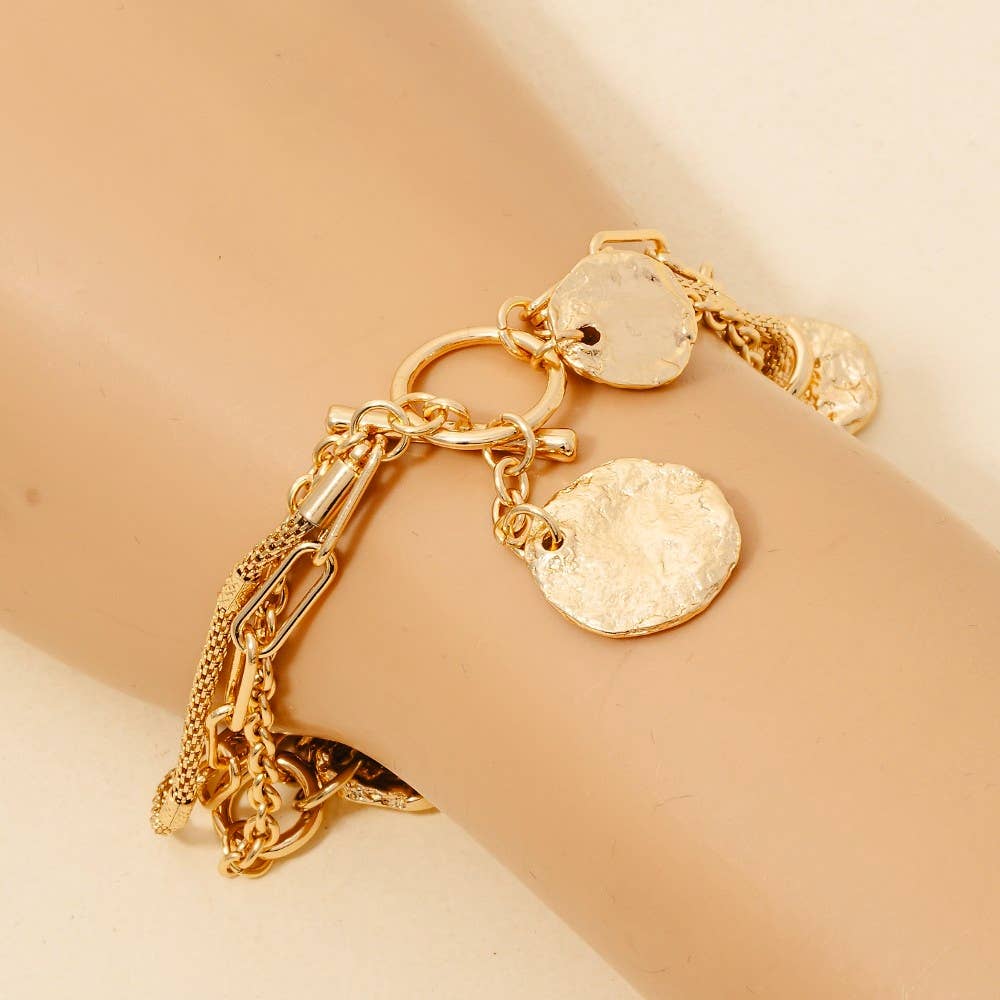 Textured Coin Pendants Layered Chain Bracelets