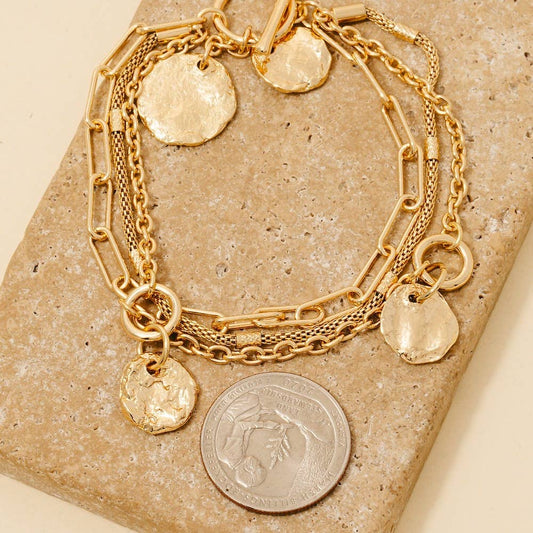 Textured Coin Pendants Layered Chain Bracelets