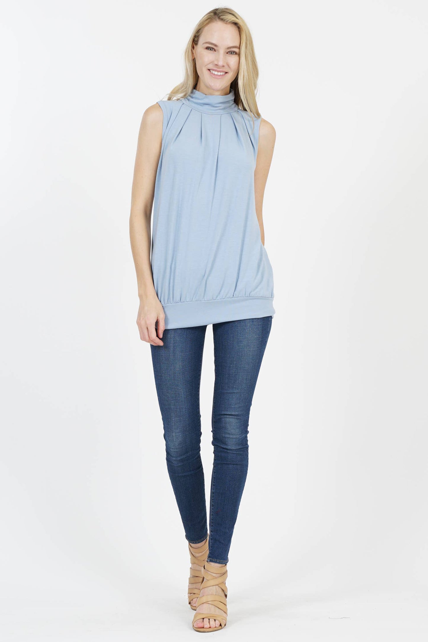 Pleated Mock Neck Blouson Top