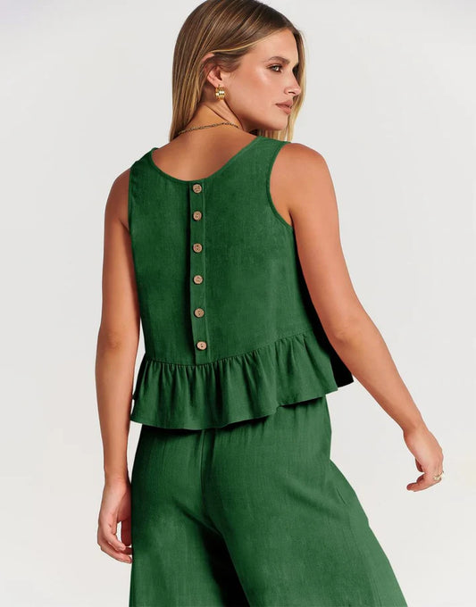 Peplum Crop Button Detail Tank Top - OLIVE S