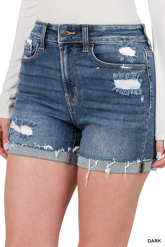 Distressed Cuffed Raw Hem Demin Shorts