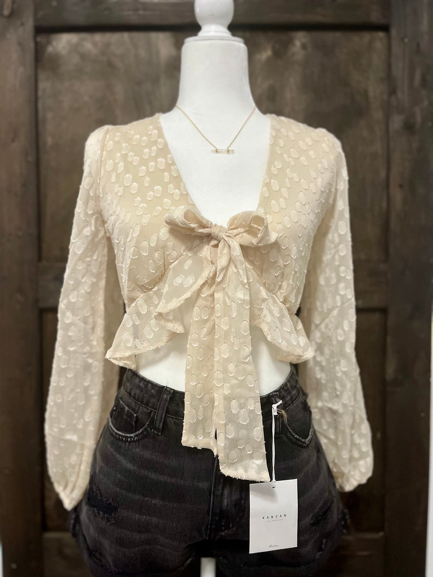 Endless Blu Cropped Chiffon Peplum Tie-front Blouse