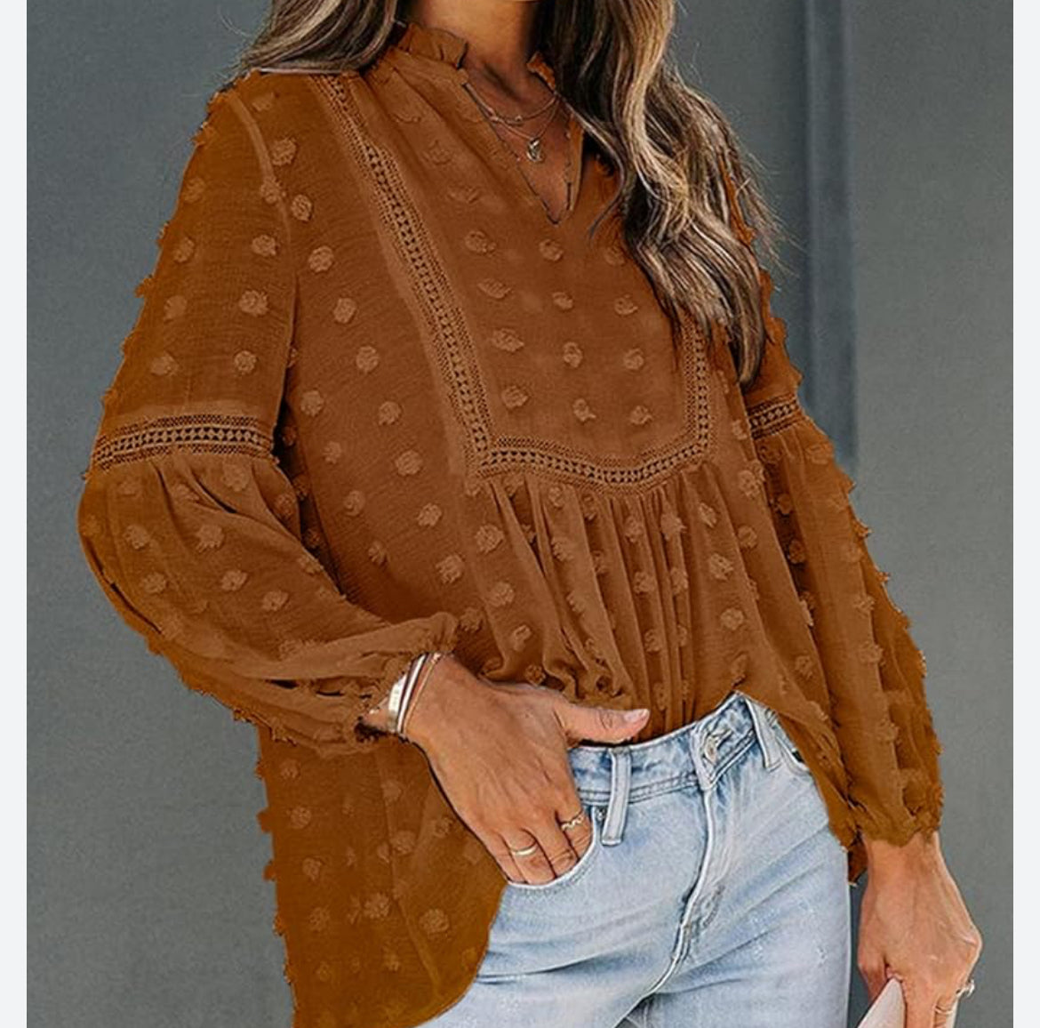 Burnt Orange Boho Swiss Dot Long sleeve Blouse - L