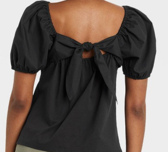 A New Day Puff Sleeve Bow Blouse - BLACK XS