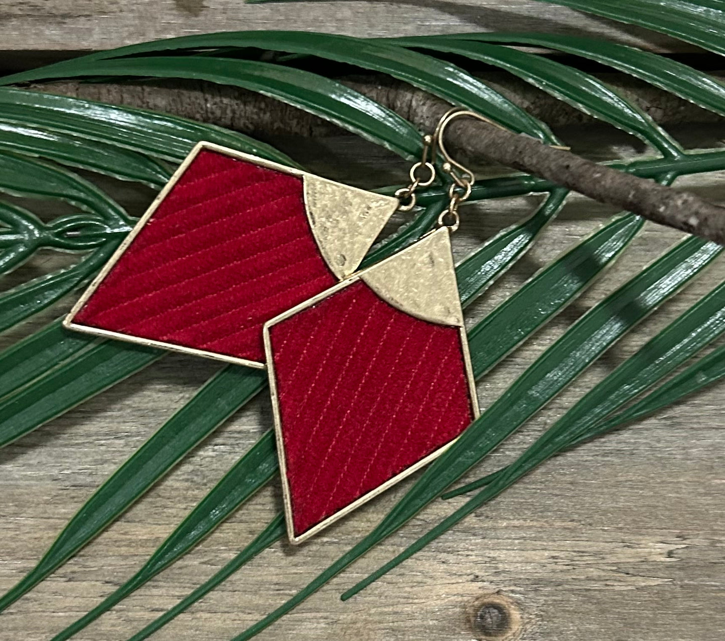 Antique Gold Diamond Dangle Earrings with Red Felt Accent