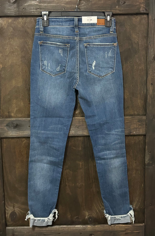 JUDY BLUE Mid Rise Distressed Raw Hem Jean - SKINNY FIT