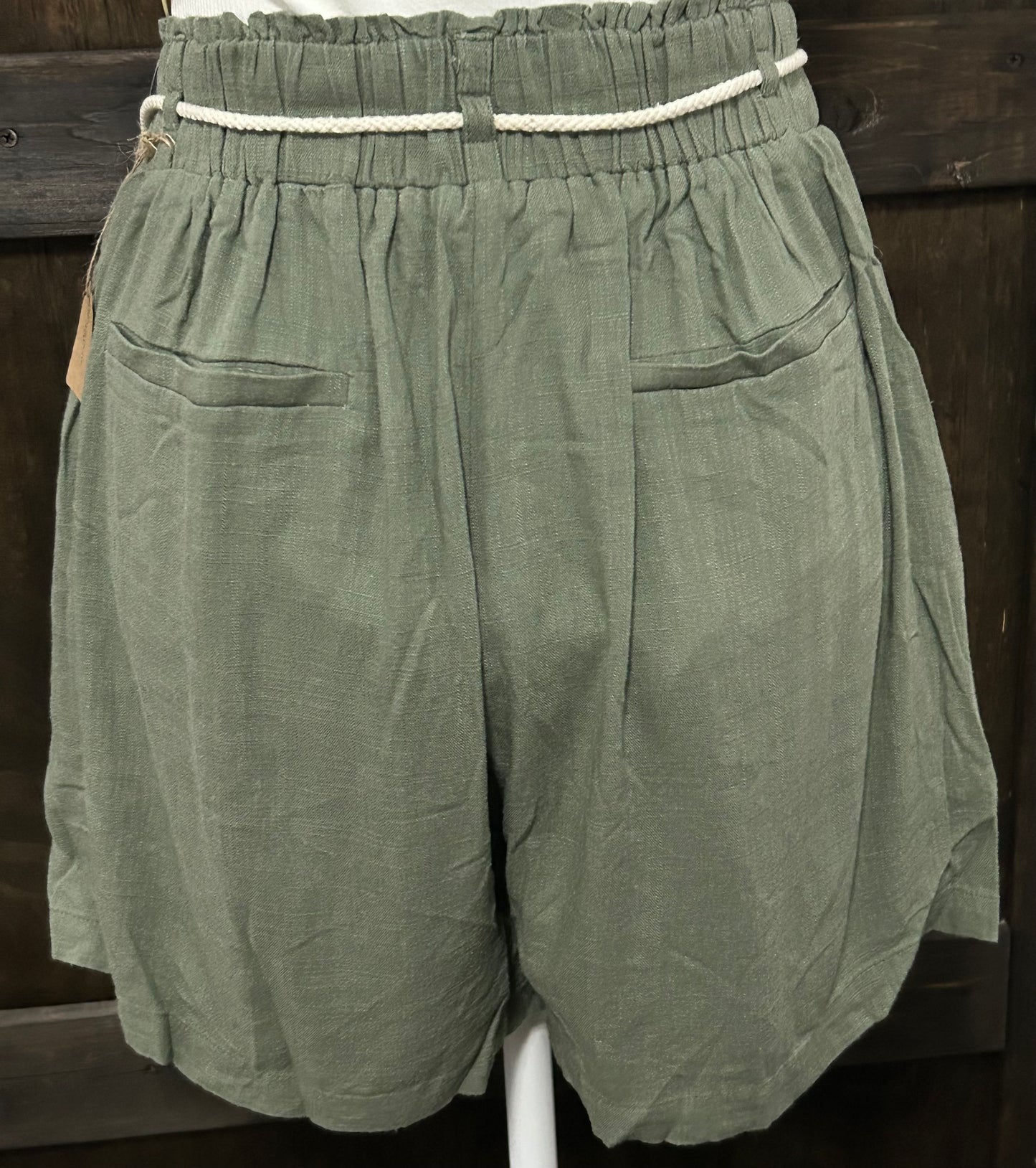 Doe & Rae Olive Loose Fit Linen Shorts with Rope Belt