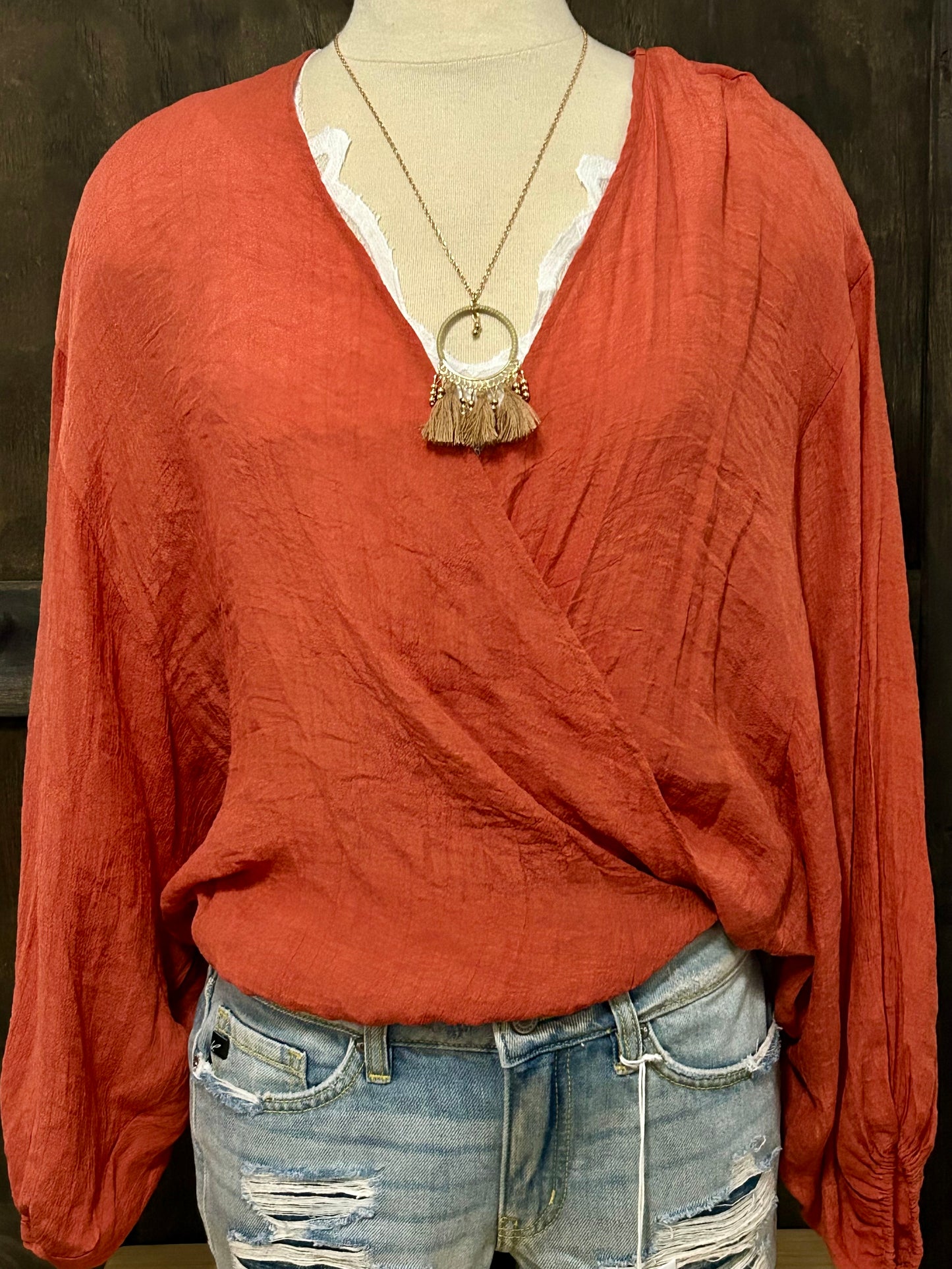 Burnt Orange Sheer Wrap Blouse