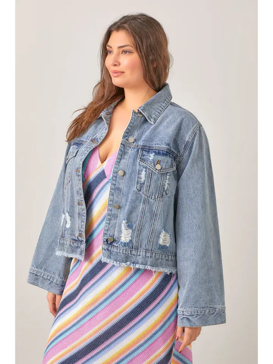 CURVY Distressed Denim Jacket
