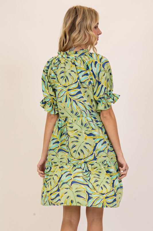Tropical Print Bell Sleeve Dress