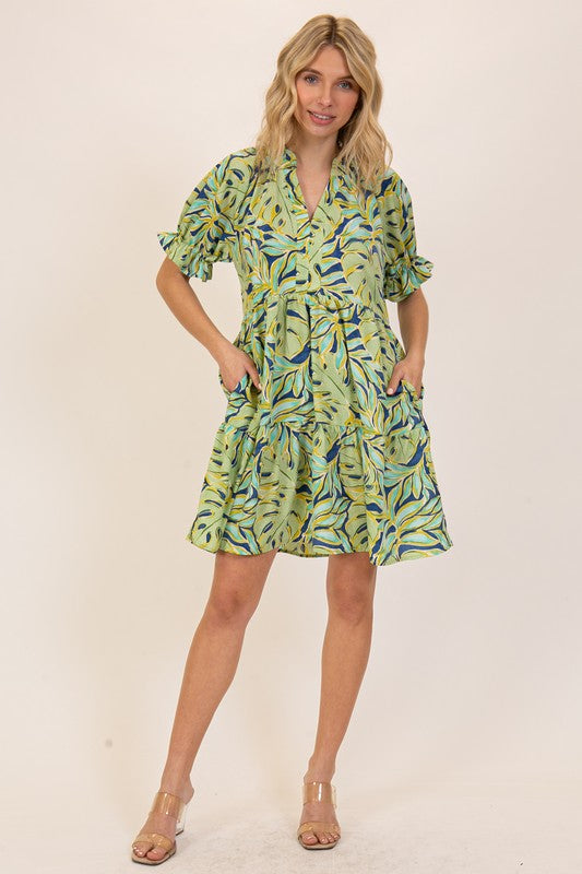 Tropical Print Bell Sleeve Dress