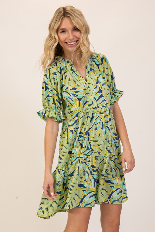 Tropical Print Bell Sleeve Dress