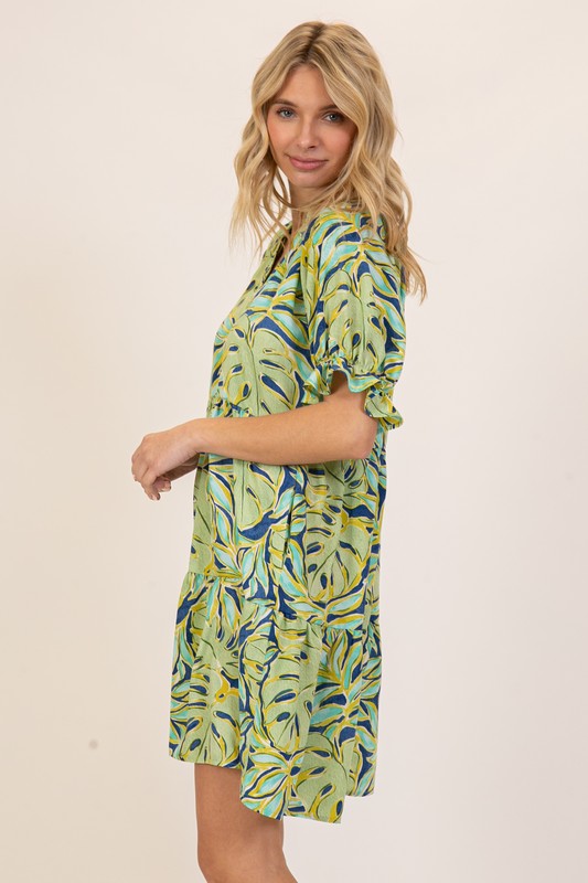 Tropical Print Bell Sleeve Dress
