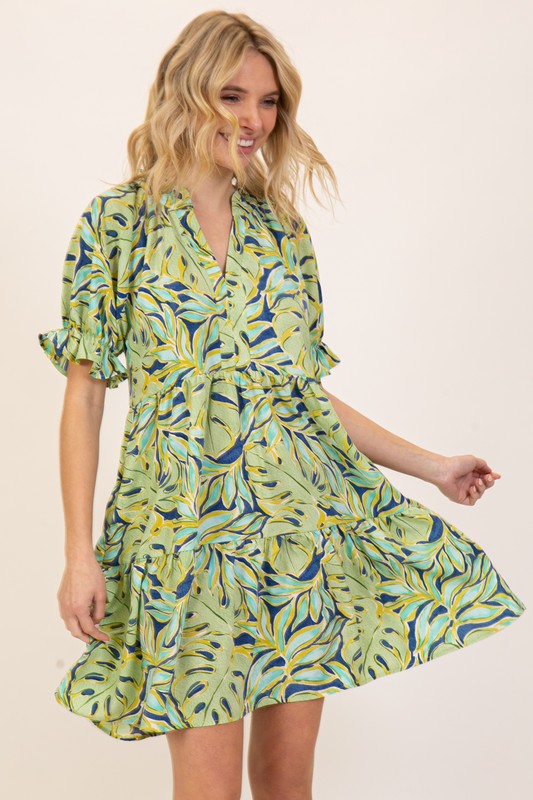 Tropical Print Bell Sleeve Dress