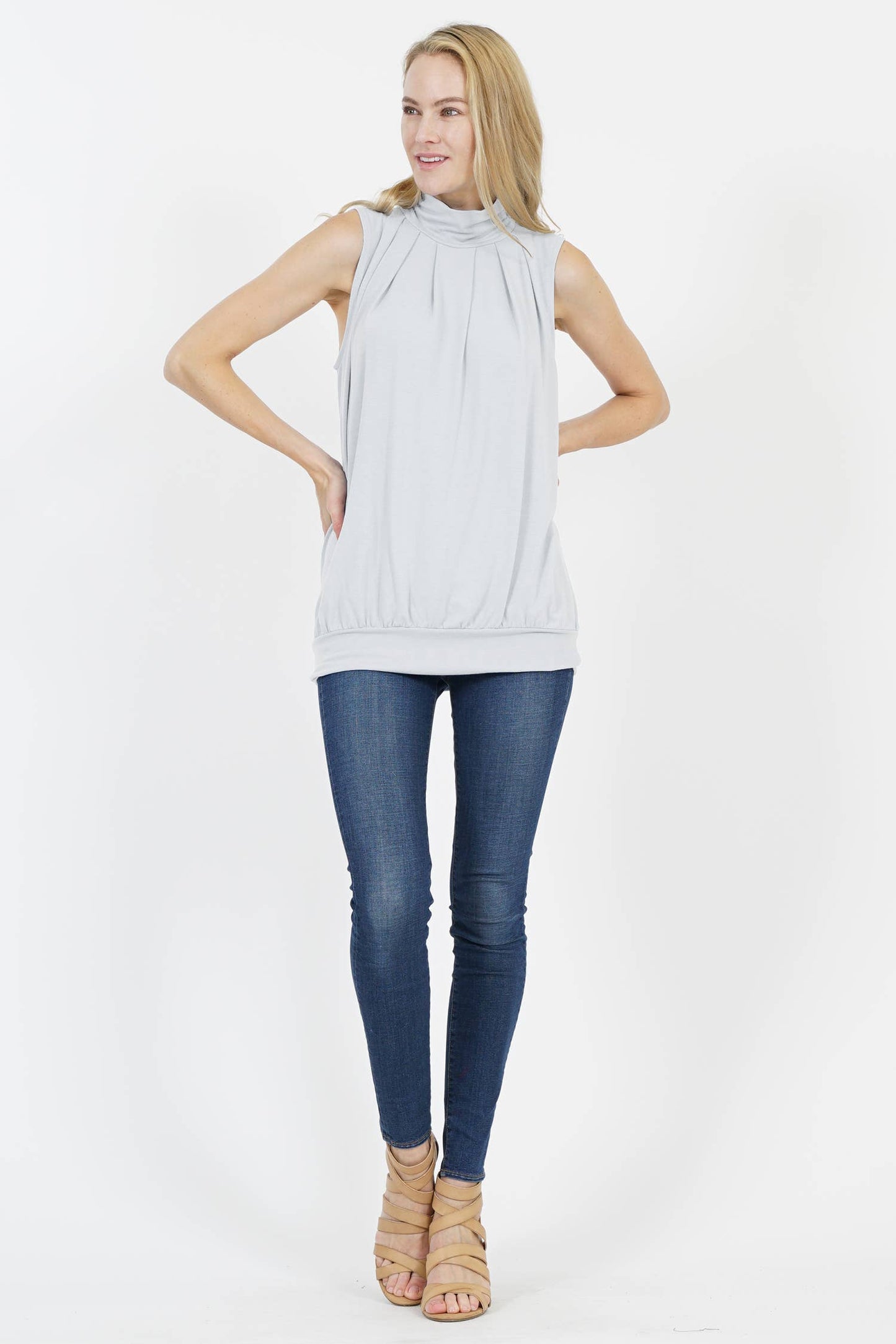 Pleated Mock Neck Blouson Top