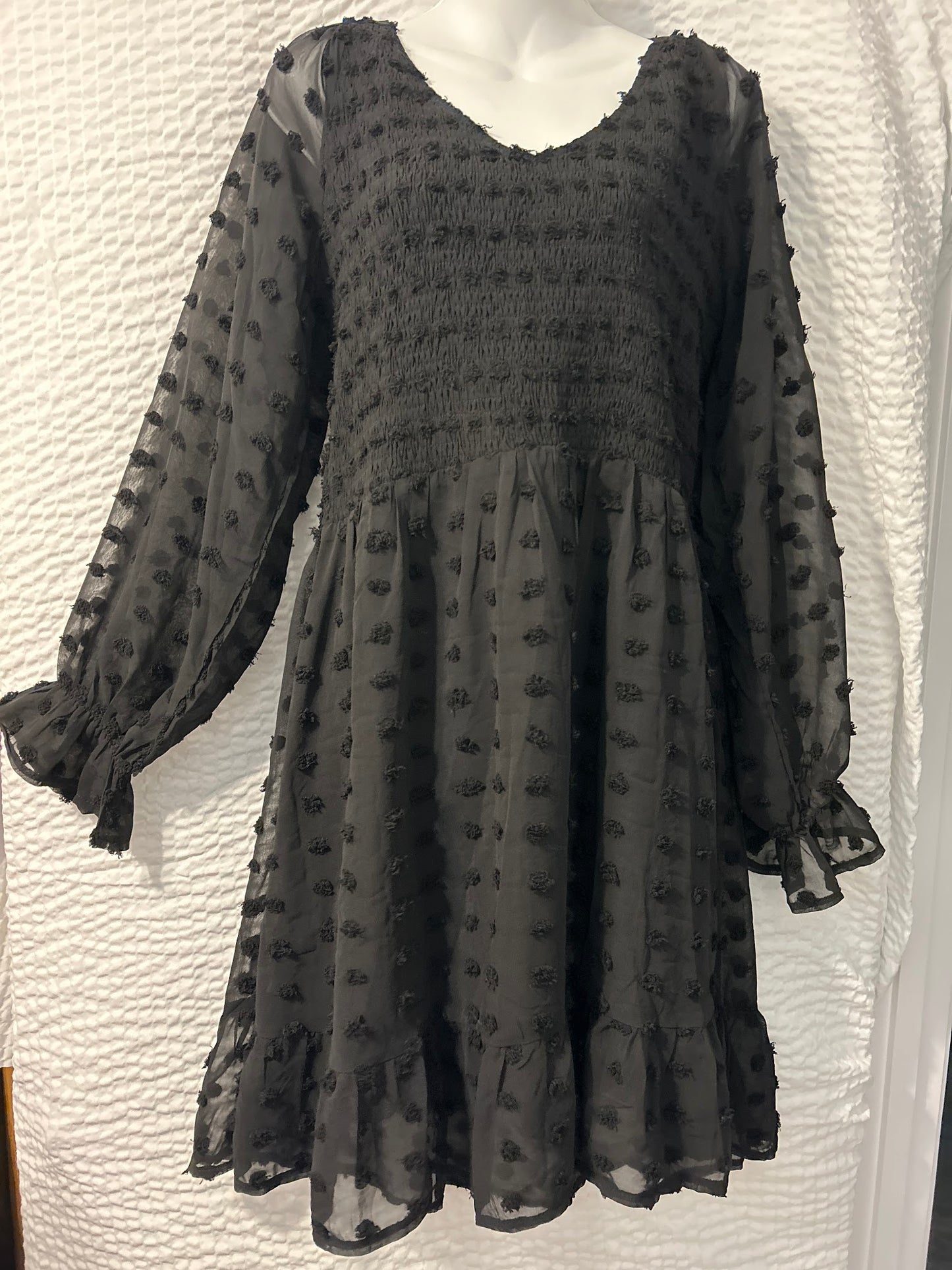 Black Longsleeve V-neck Swiss Dot Dress