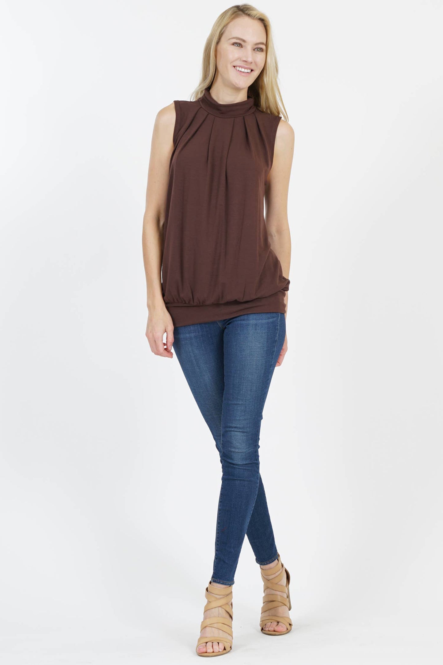 Pleated Mock Neck Blouson Top