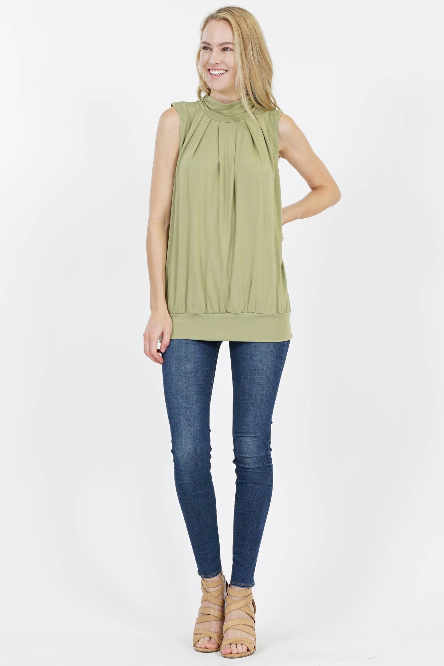 Pleated Mock Neck Blouson Top