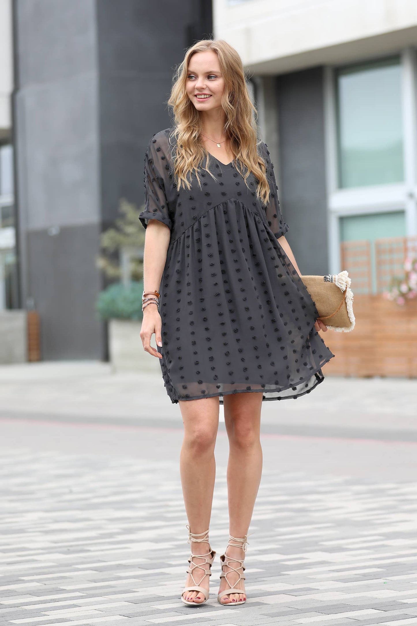 Swiss Dot Babydoll Dress Collection: SAND BEIGE