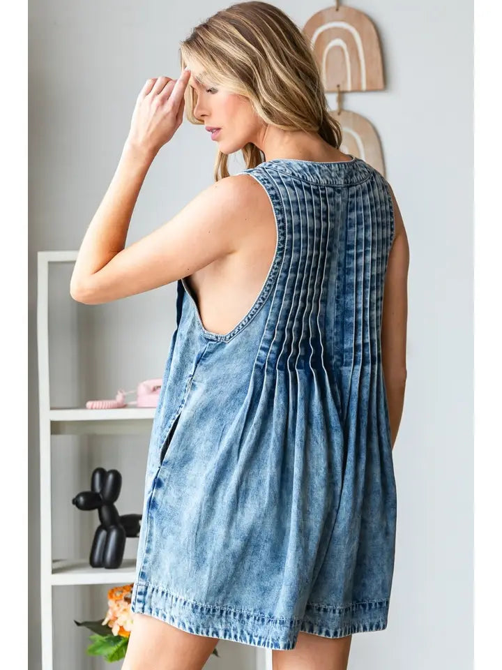 Front Pleated V Neck Sleeveless Denim Romper