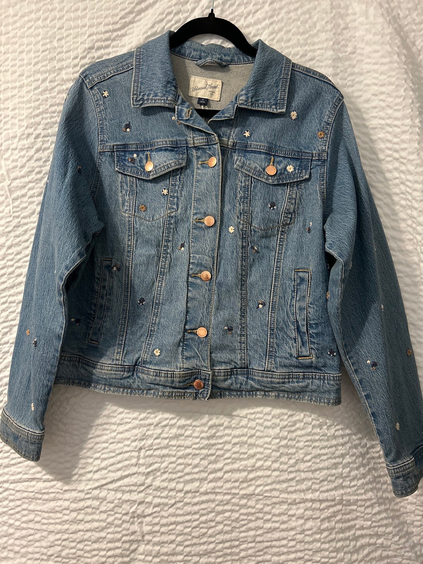 Flower Embroidered Jean Jacket M