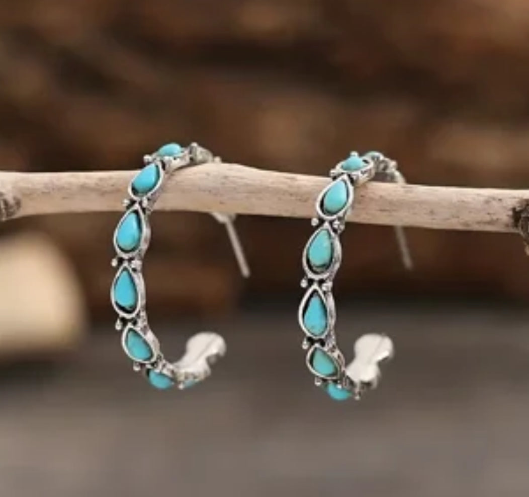 Turquoise Silver Teardrop Hoop Earring