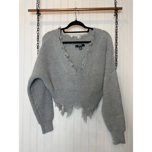 HERA Grey Distressed Crop Knit Sweater