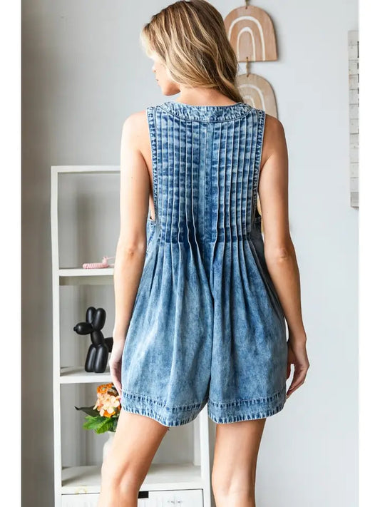 Front Pleated V Neck Sleeveless Denim Romper
