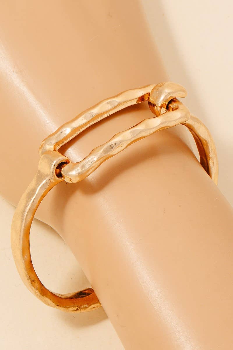 Hammered Rectangle Coil Spring Hook Bangle Bracelet: Gold