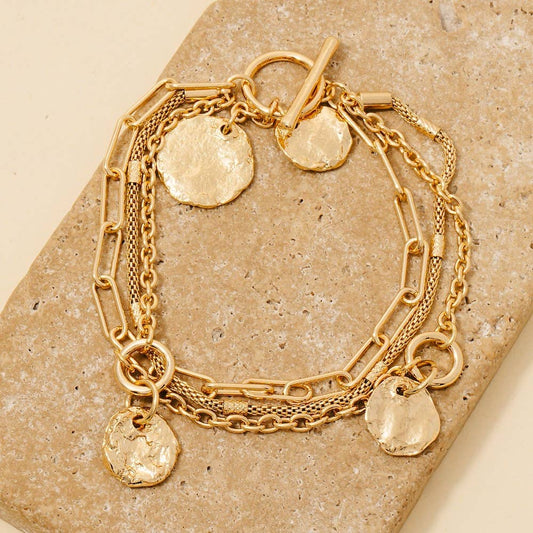 Textured Coin Pendants Layered Chain Bracelets