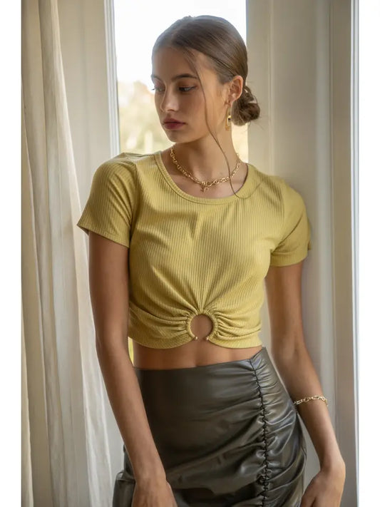 Endless Blu C Ring Ribbed Crop Top - WHITE
