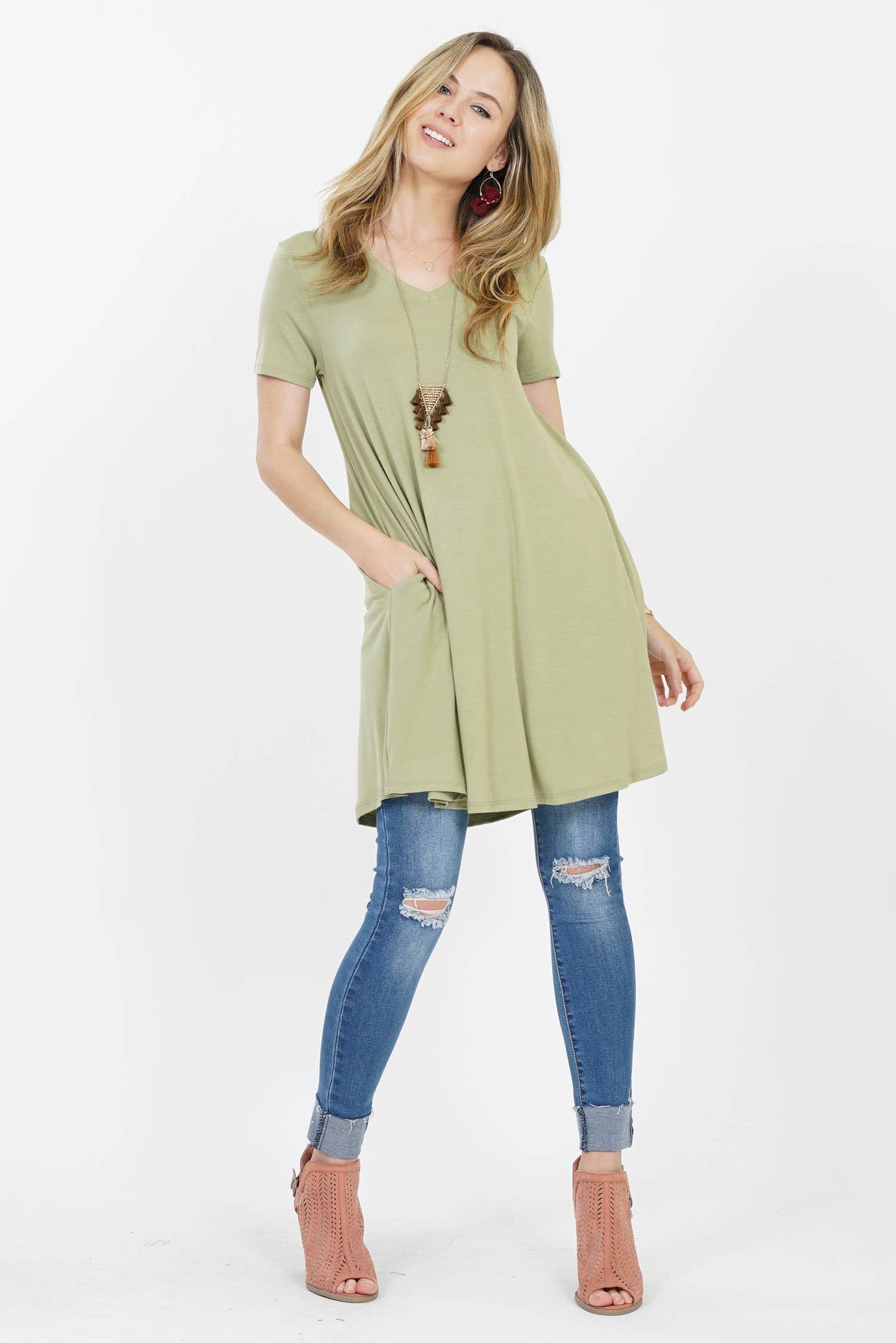 Vneck Curved Hem Two Pocket Tunic