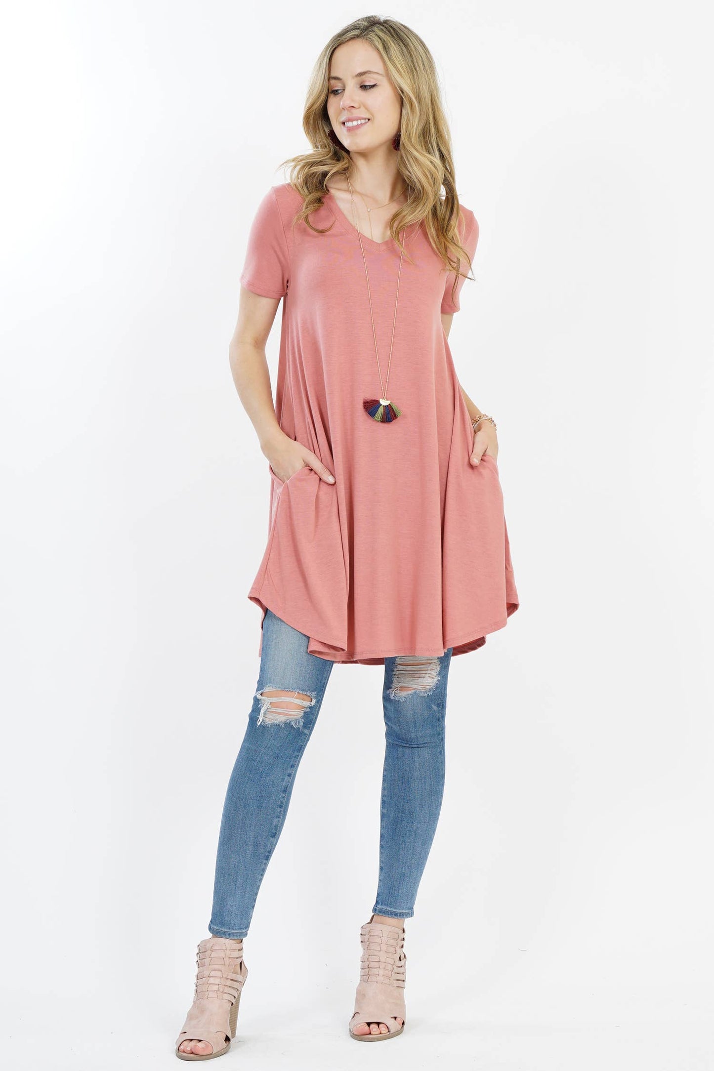 Vneck Curved Hem Two Pocket Tunic