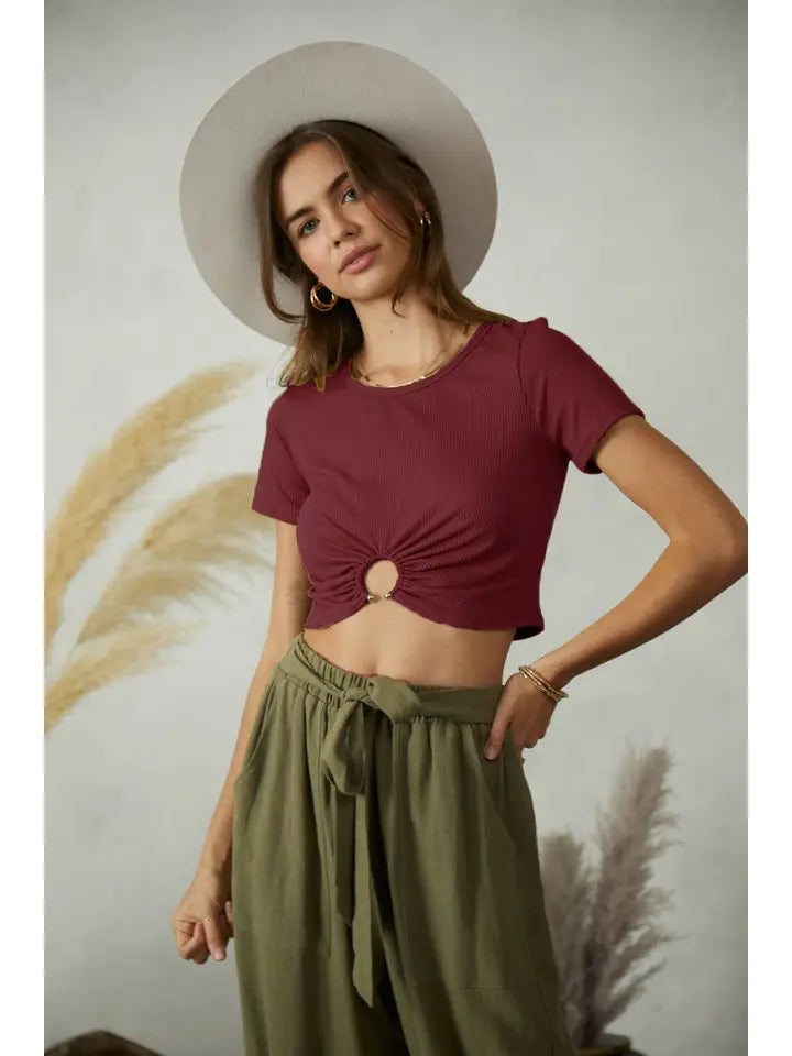 Endless Blu C Ring Ribbed Crop Top - WHITE