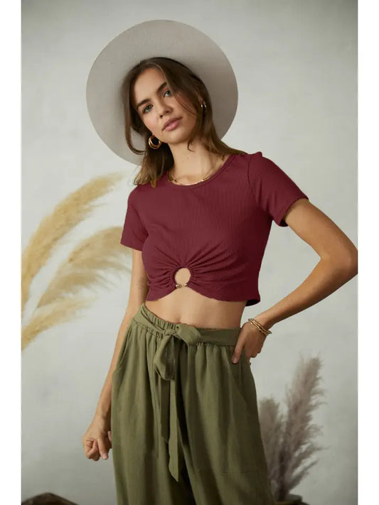 Endless Blu C Ring Ribbed Crop Top - WHITE