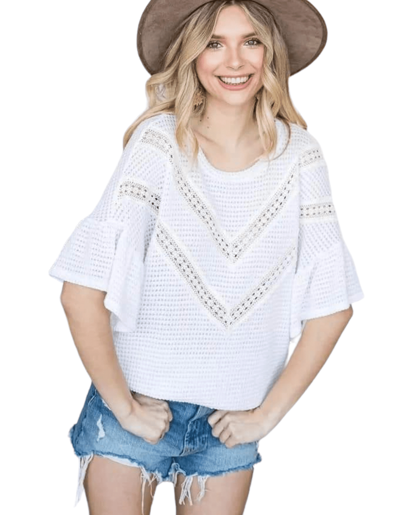 White Waffle Knit Belle Sleeve Top