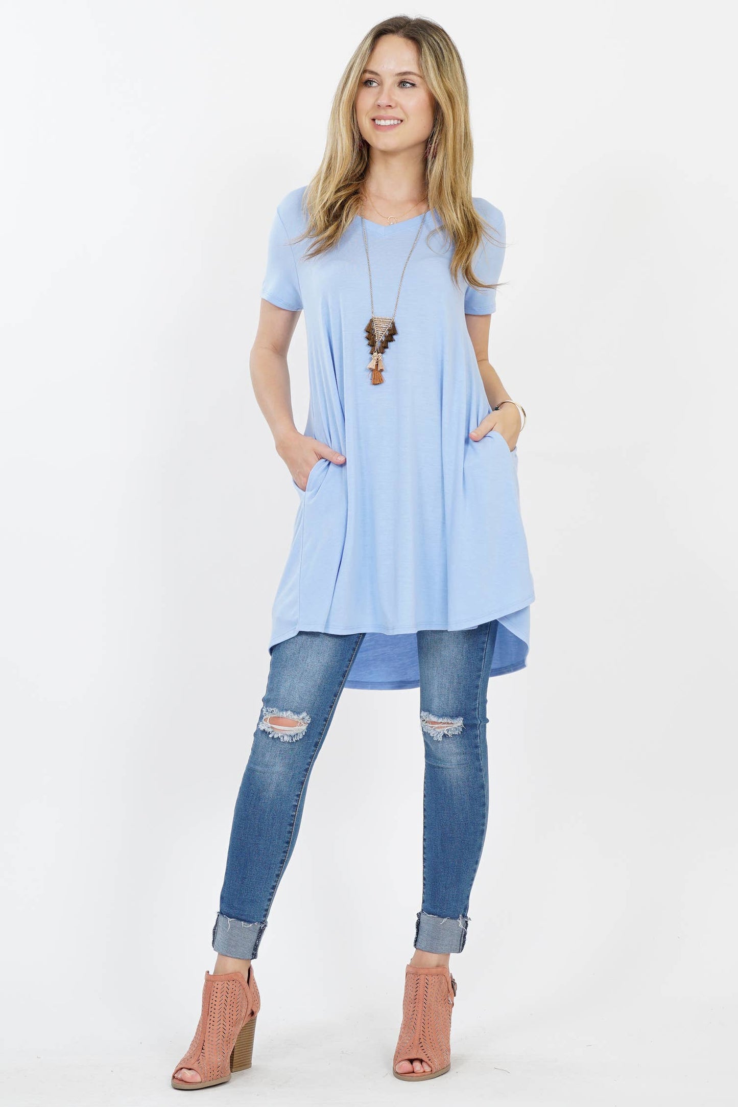 Vneck Curved Hem Two Pocket Tunic