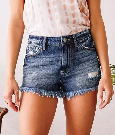 KanCan Med Wash High Rise Distressed Hem Denim Shorts