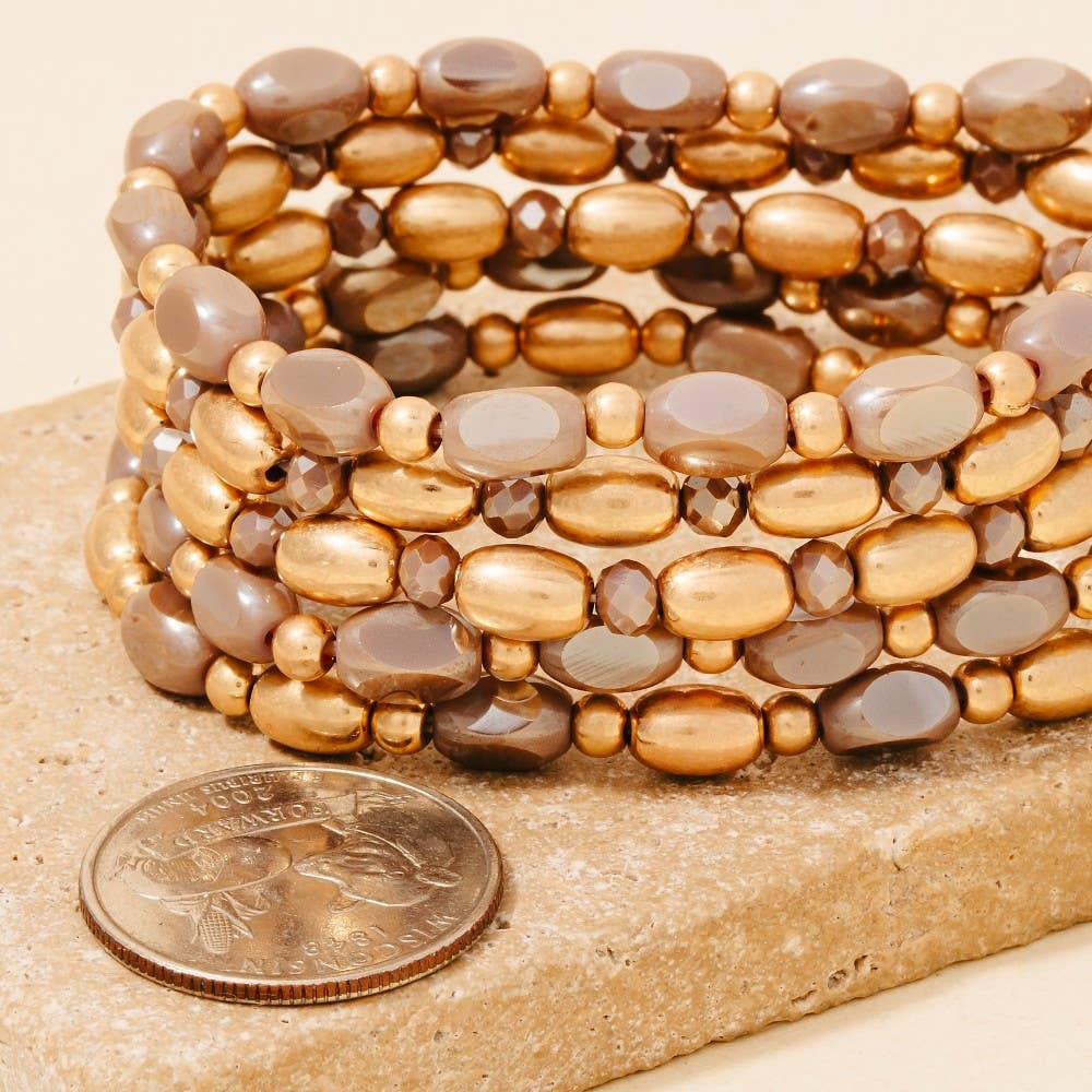 Glass And Metallic Beaded Bracelet Set: BROWN