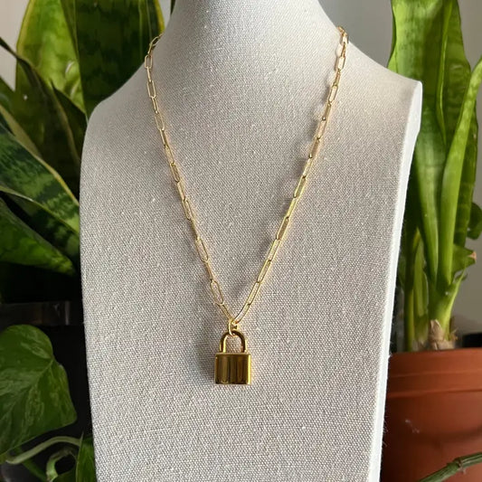 Gold Paperclip Chain and Lock Necklace