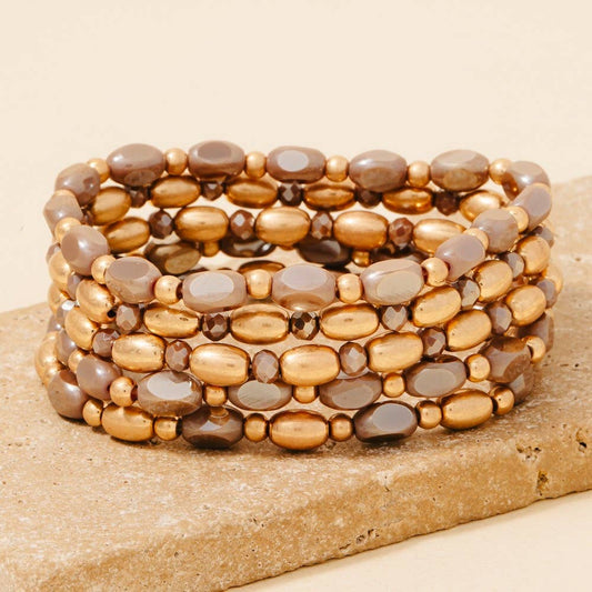 Glass And Metallic Beaded Bracelet Set: BROWN