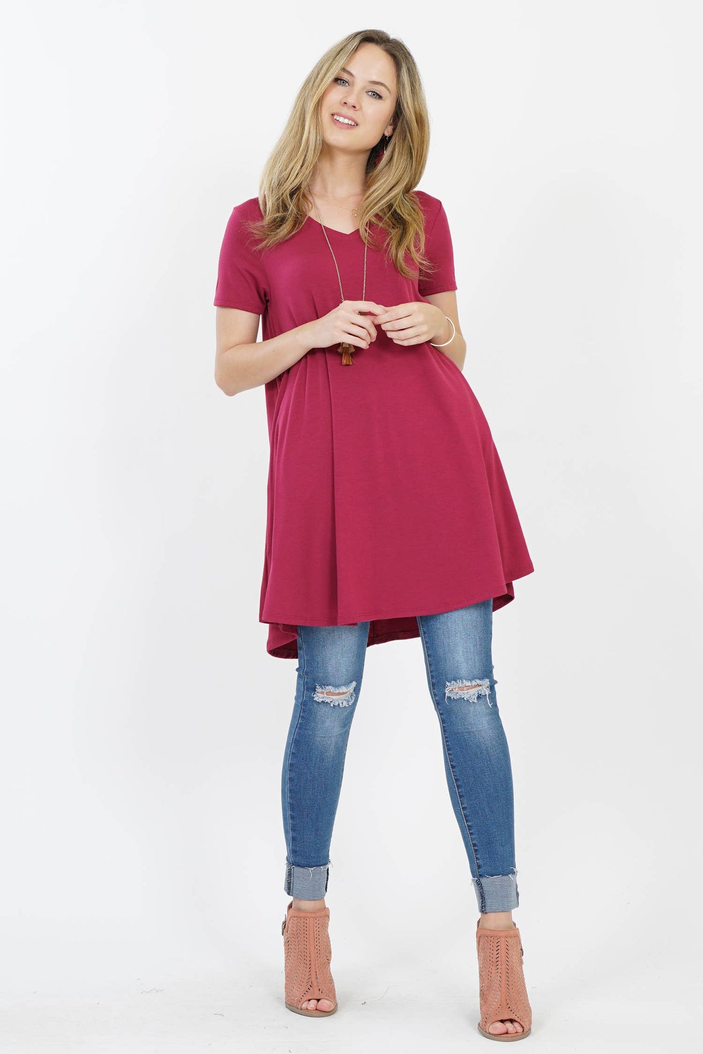 Vneck Curved Hem Two Pocket Tunic