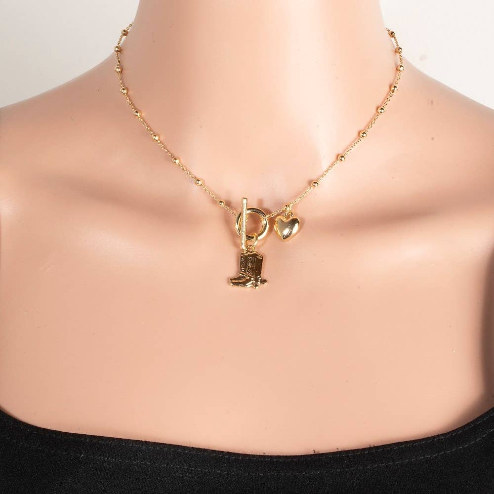 Western Cowboy Boots And Heart Charms Toggle Chain Necklace