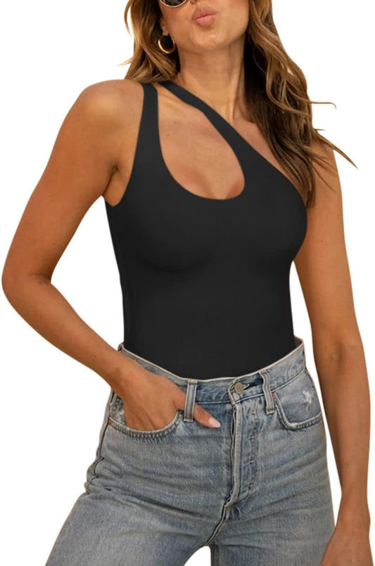 Black One Shoulder Crossneck Bodysuit L